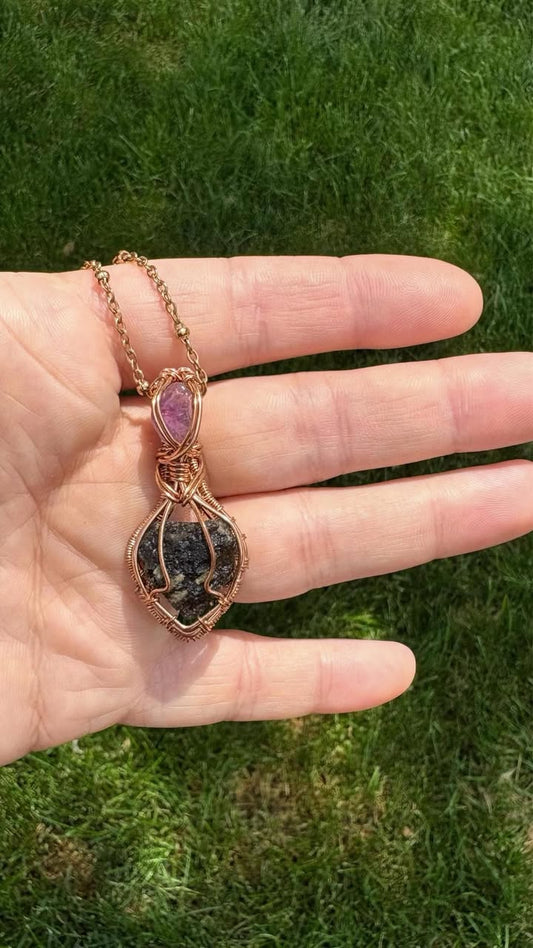 Moldavite & Amethyst Pendant
